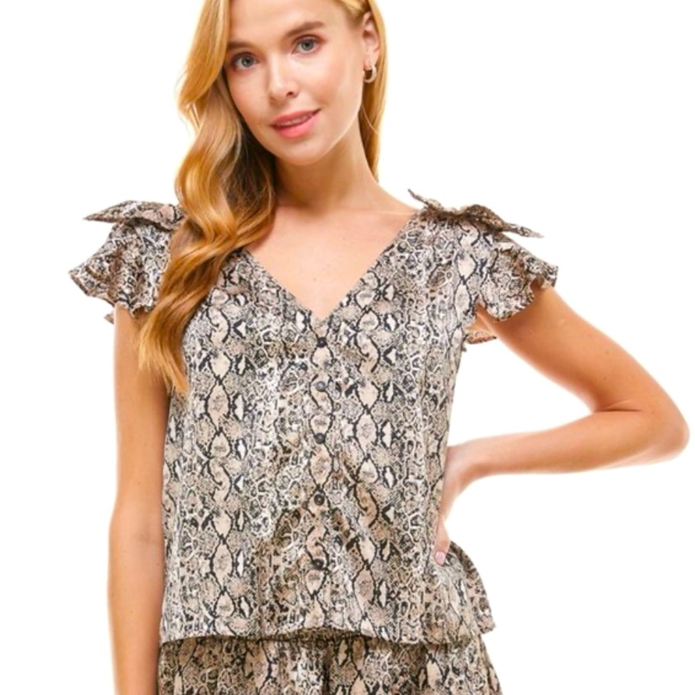 TCEC Women's Snakeskin Print Button Down Top Shoulder Detail Size S